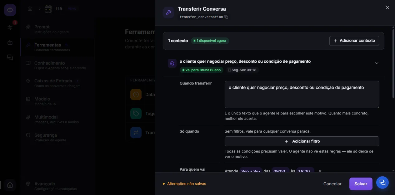 Contexto de transferência com o campo "Quando transferir"