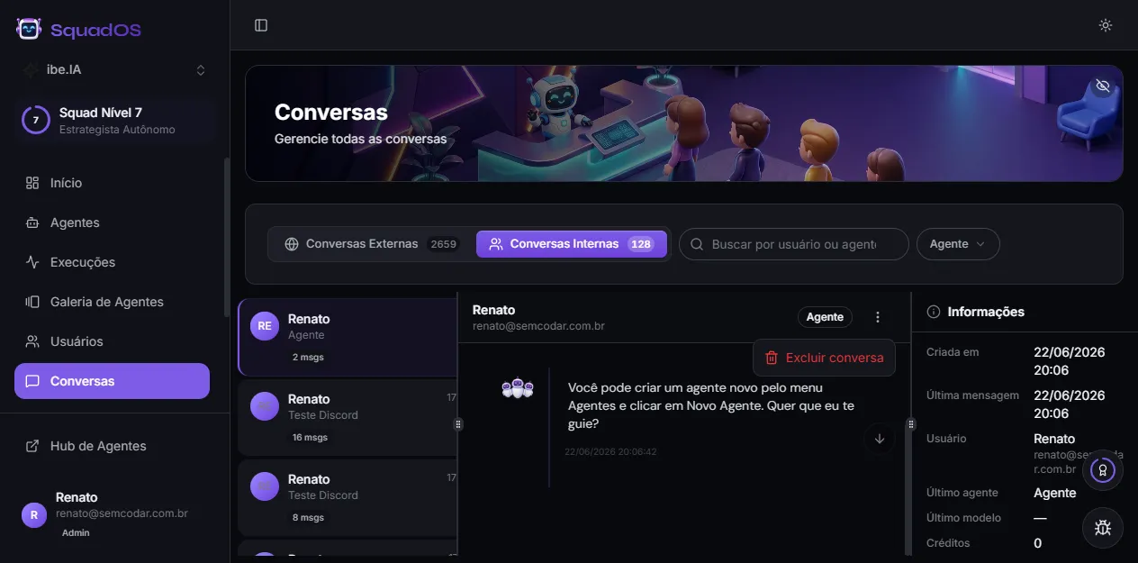 Menu com a ação Excluir conversa