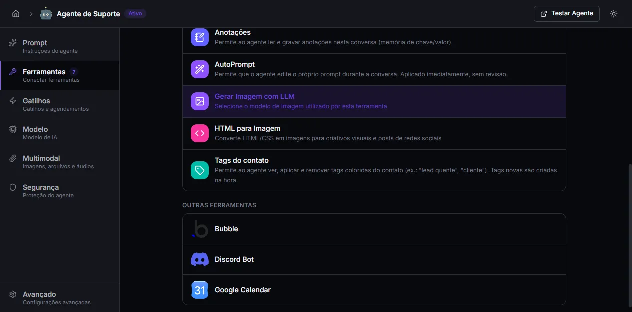 Tags do contato na lista de ferramentas nativas do agente