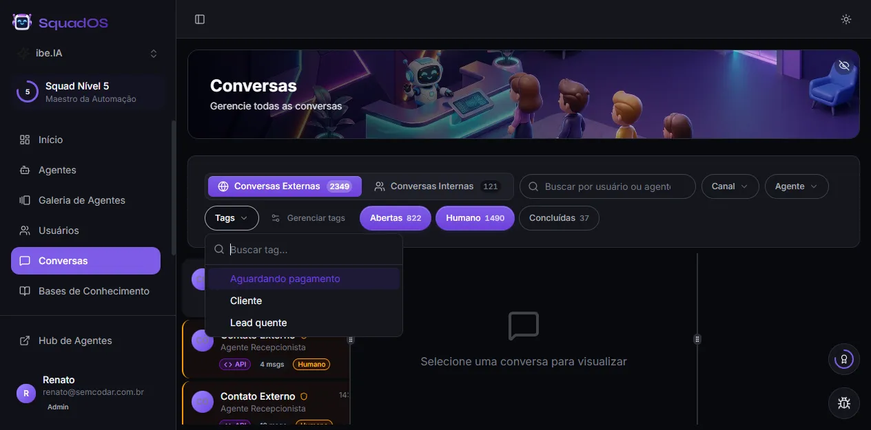 Filtro de Tags aberto no inbox, com a lista afunilada
