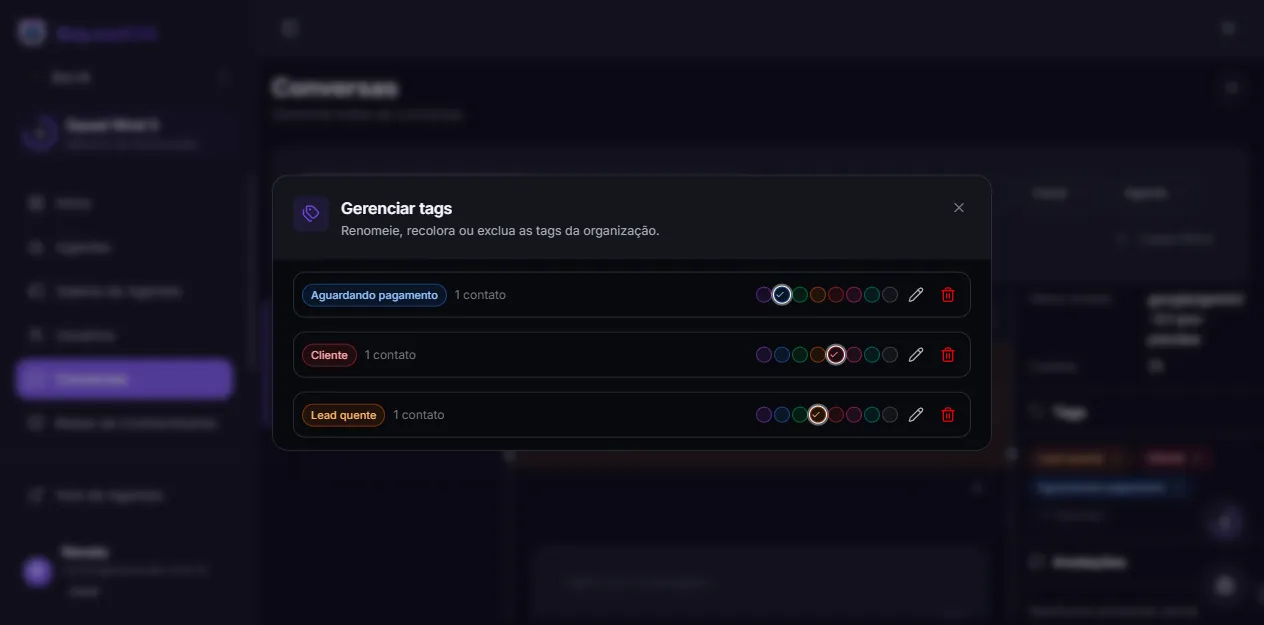 Diálogo Gerenciar tags com renomear, recolorir e excluir