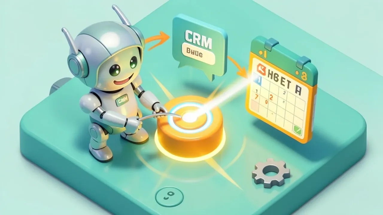 Robô agente aciona um botão que dispara um feixe conectando uma conversa a um cartão de CRM e a um calendário, em cena isométrica vibrante