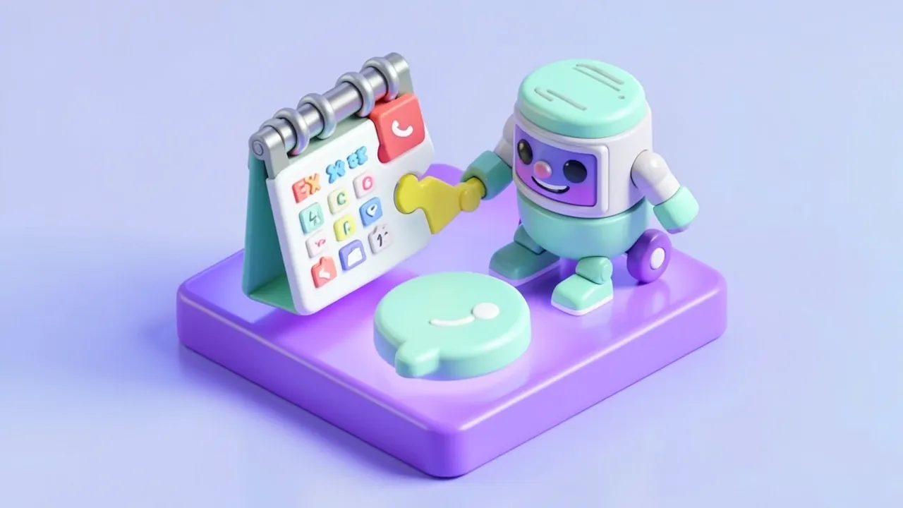 Pessoa e robô encaixam peças de quebra-cabeça em formato de plugue ligando um calendário, um ícone de chat e uma torre de banco de dados