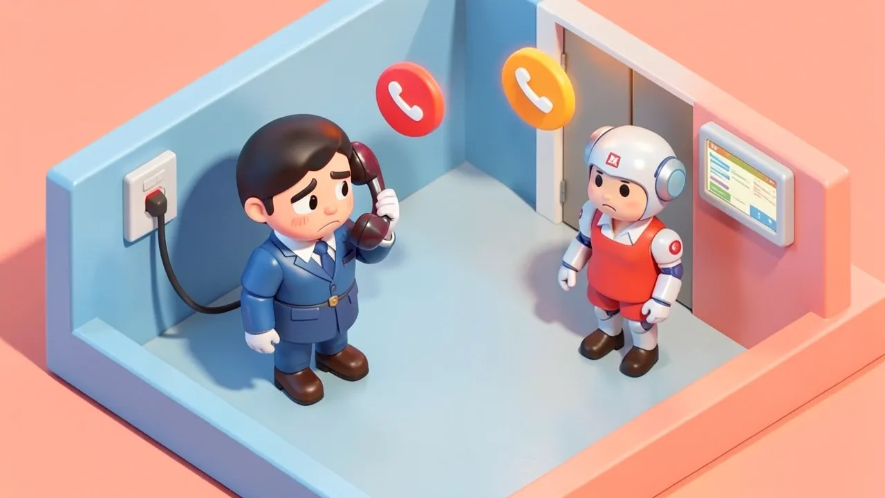 Recepcionista cansado segura um telefone tocando que um cliente ignora do outro lado, ícones de ligação não atendida flutuando