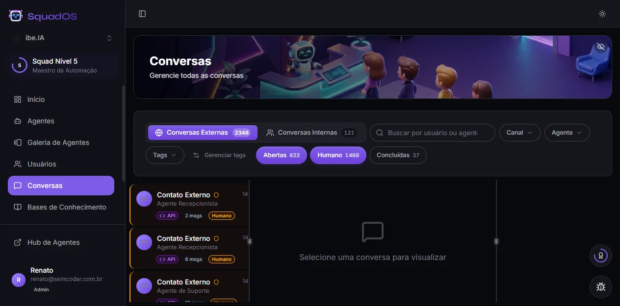 Tela de conversas do admin