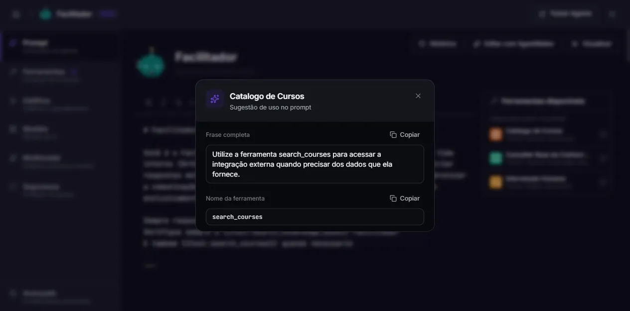 Modal de sugestão de uso de uma ferramenta no prompt