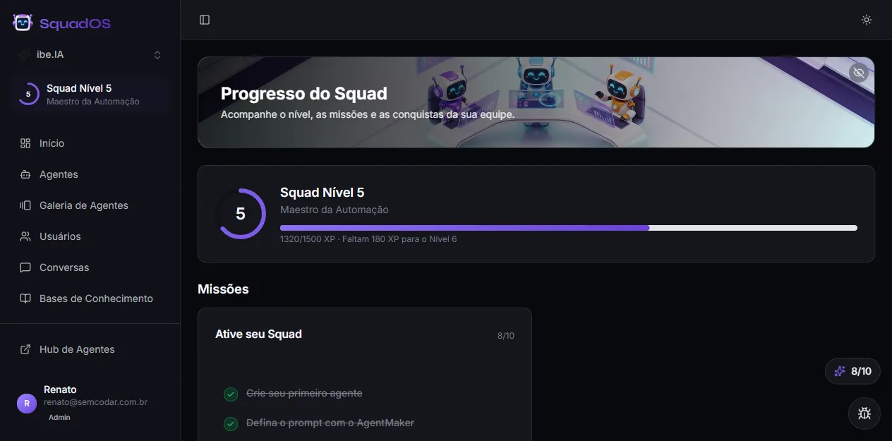 Página Progresso do Squad: nível, barra de XP e missões