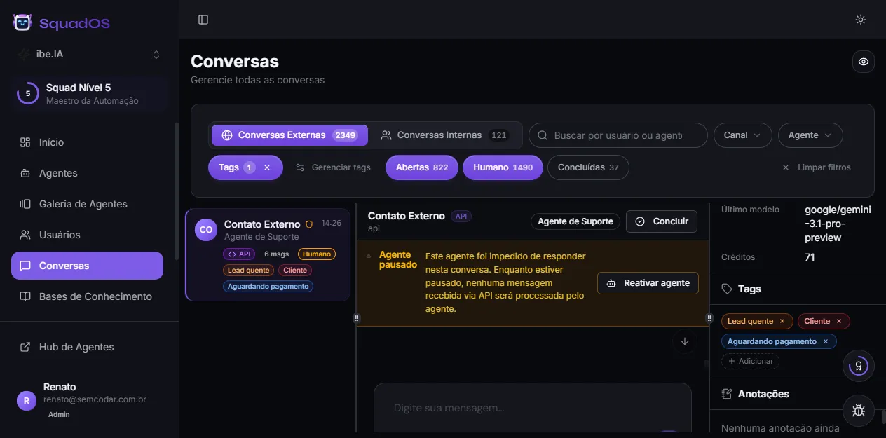 Bloco de Tags no painel do contato, entre Informações e Anotações
