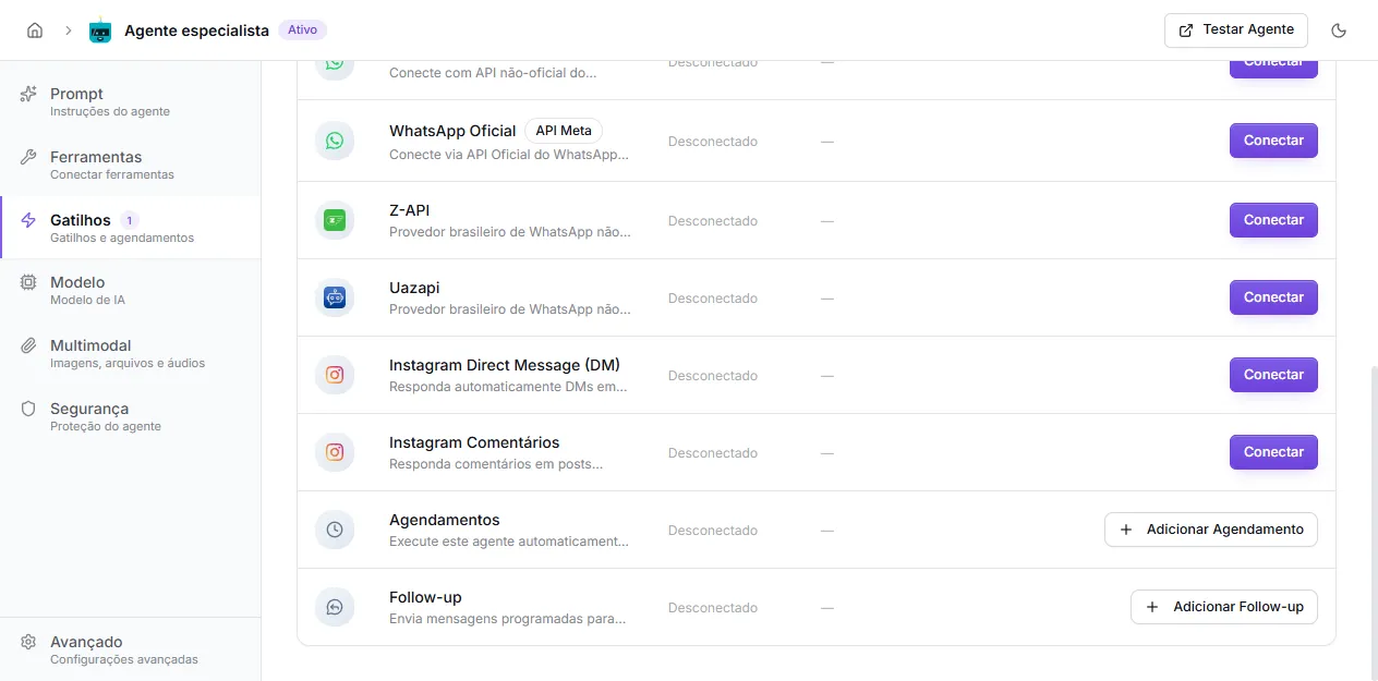 Gatilho Follow-up na lista de gatilhos do agente
