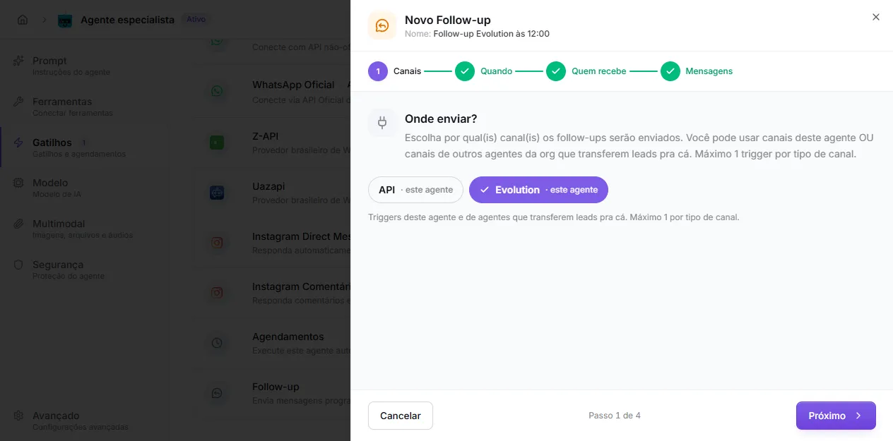 Passo 1 — escolher os canais de envio do follow-up