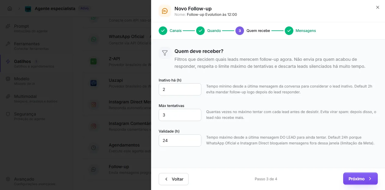 Passo 3 — critérios de quem recebe o follow-up