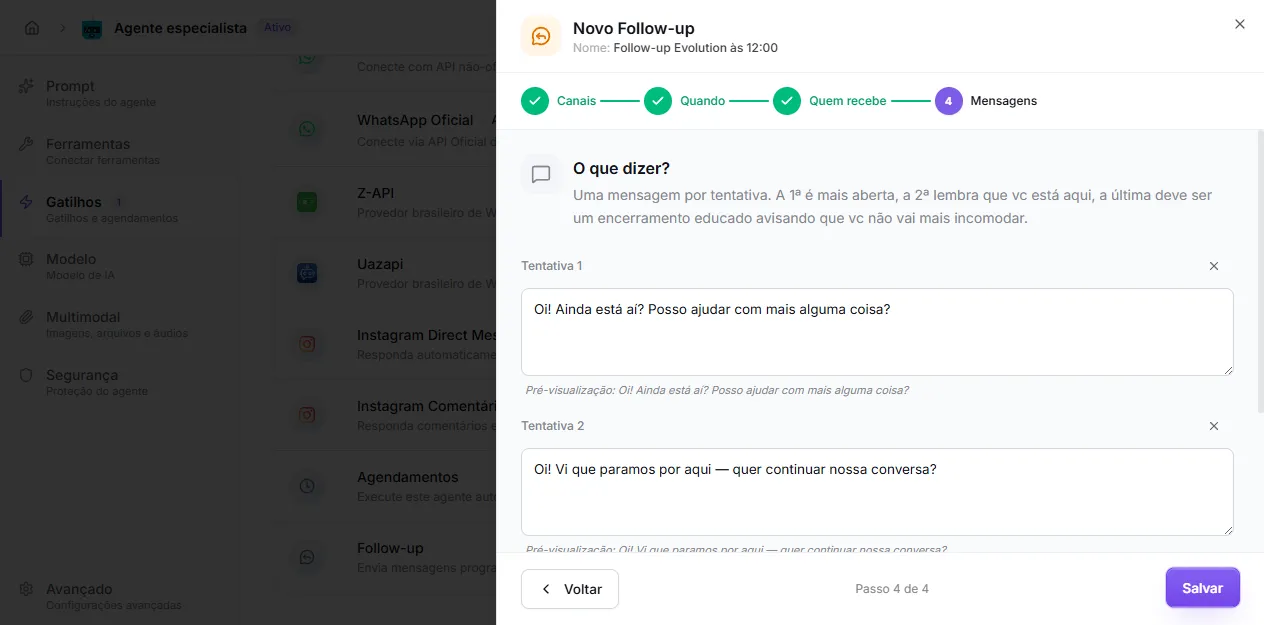 Passo 4 — mensagens por tentativa