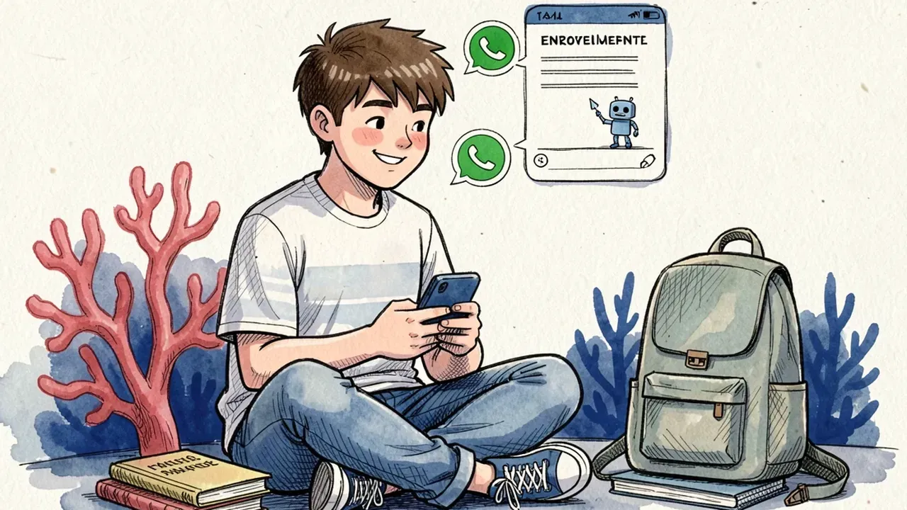 Tela de conversa no WhatsApp mostrando um agente de IA conduzindo uma matrícula passo a passo