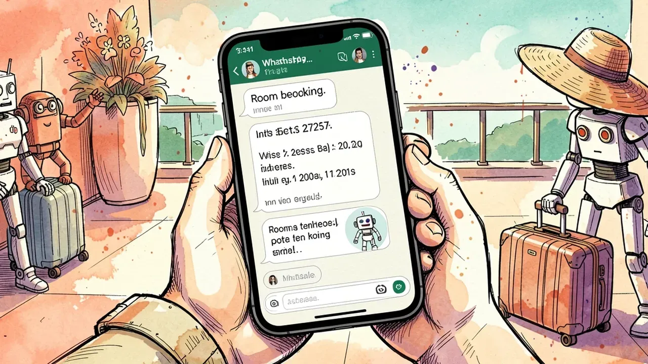 Tela de conversa no WhatsApp mostrando um agente de IA fechando uma reserva de pousada passo a passo