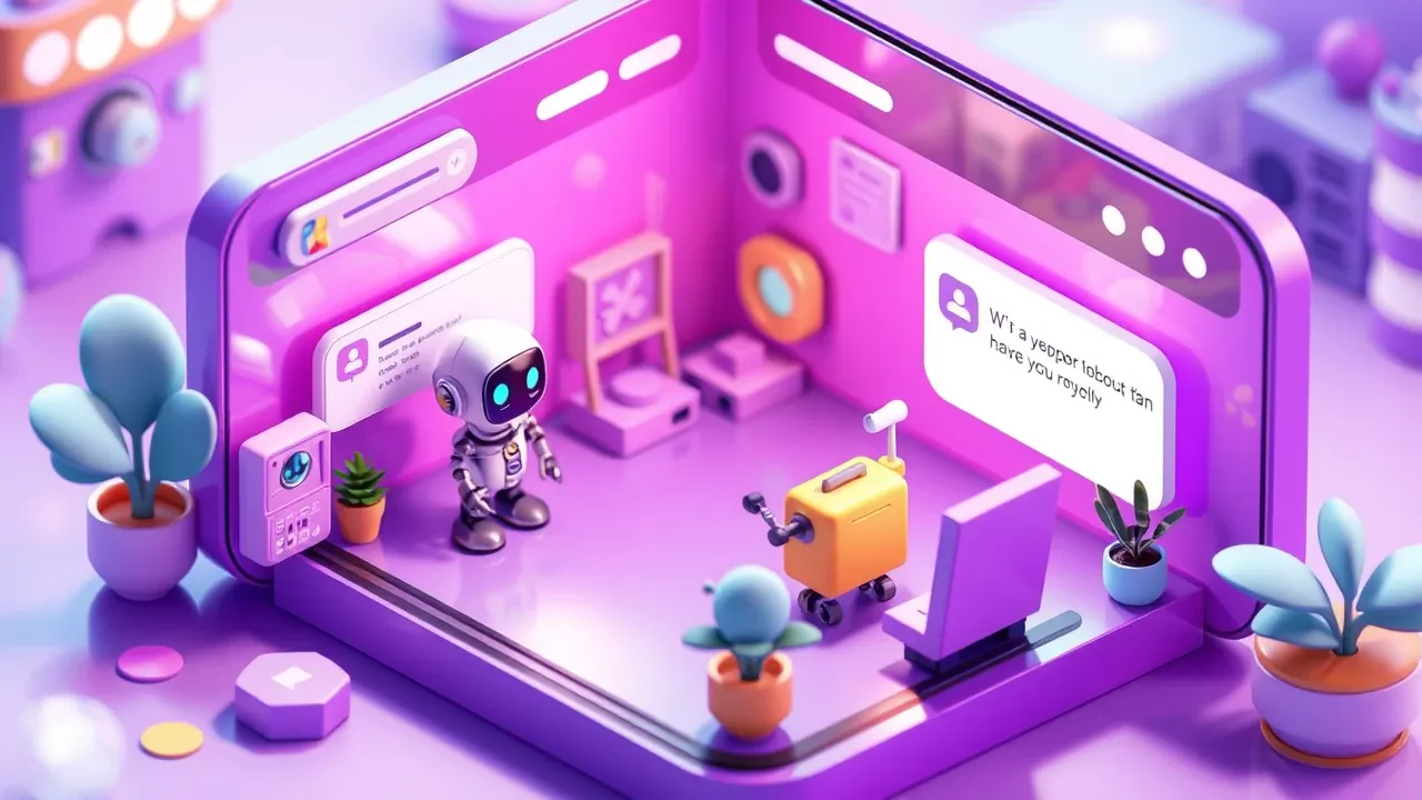 Diorama isometrico de um site em miniatura com uma janelinha de chat no canto onde um robo atendente conversa com um visitante, balao de resposta surgindo na hora, paleta violeta e azul-claro com luz alegre