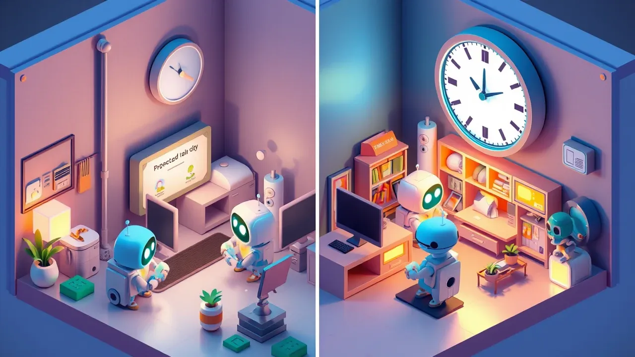 Diorama isometrico de uma central de atendimento em miniatura funcionando de dia e de noite ao mesmo tempo, robos respondendo clientes enquanto a cidade dorme, um relogio grande marcando 24 horas, paleta azul-noite e ambar quente