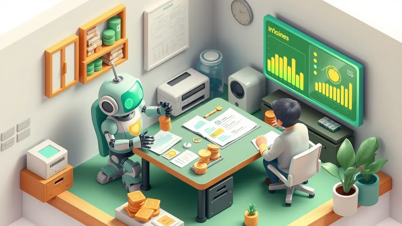 Diorama isometrico de um escritorio financeiro em miniatura com um robo organizando notas, moedas e graficos enquanto uma pessoa analisa um painel, paleta verde-esmeralda e dourado