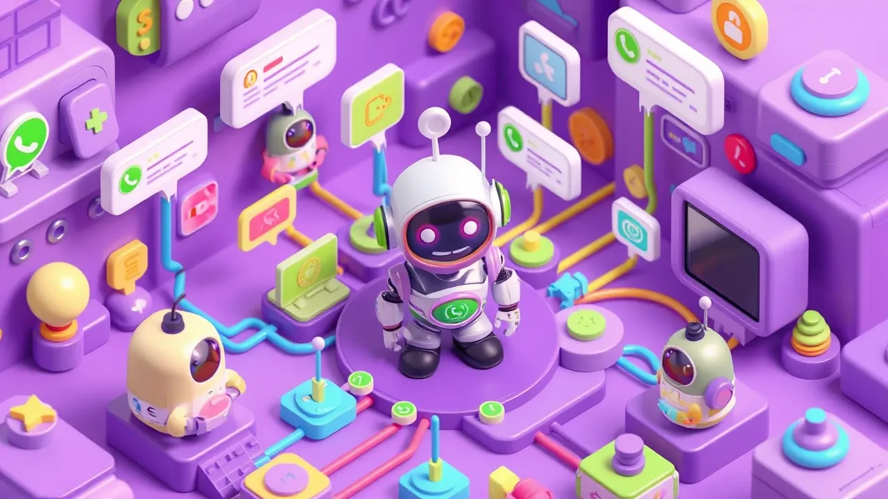 Diorama isometrico de varios canais de mensagem (WhatsApp, Instagram, site, Telegram) convergindo em fios coloridos para um unico hub central onde um robo de atendimento organiza tudo, um cliente feliz no centro, paleta violeta com acentos verde e azul