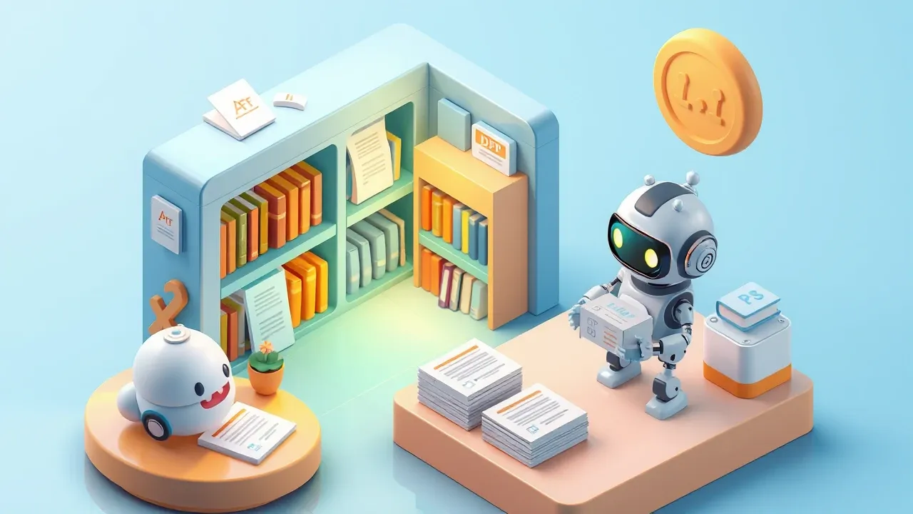 Diorama isometrico de documentos e PDFs entrando em uma biblioteca brilhante e saindo como respostas organizadas que um robo entrega, paleta azul e ambar