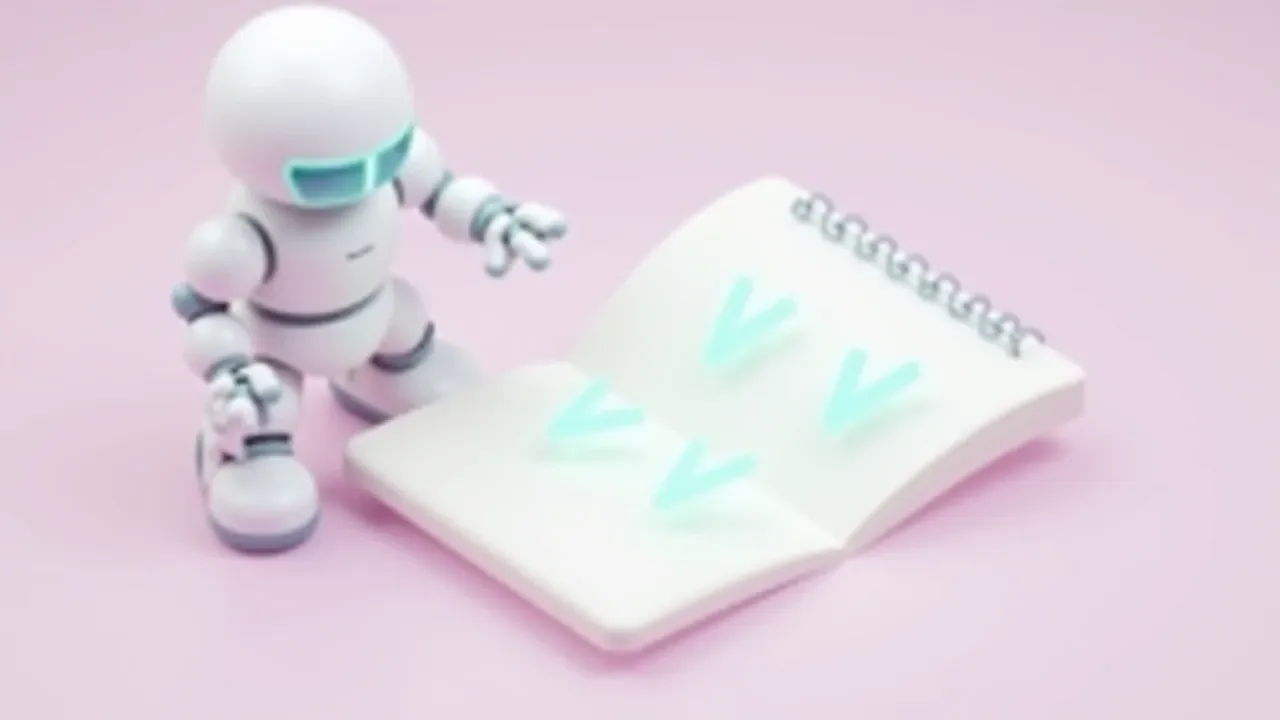 Robô amigável apresentando um livro de regras de uso de IA com itens marcados