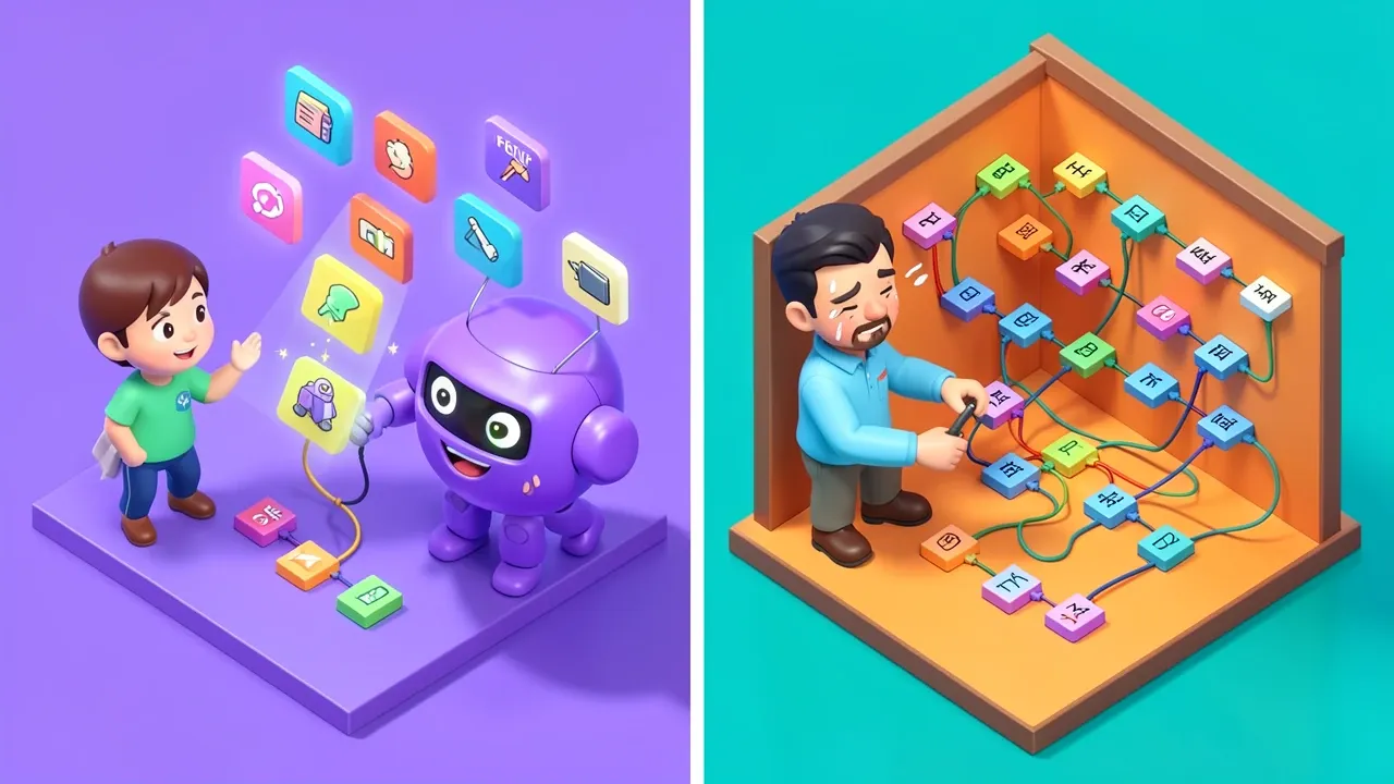Diorama isometrico mostrando de um lado um robo violeta montando um agente enquanto uma pessoa conversa casualmente, do outro um engenheiro suado conectando dezenas de nos de fluxograma na mao, paleta violeta contra laranja e turquesa caotica