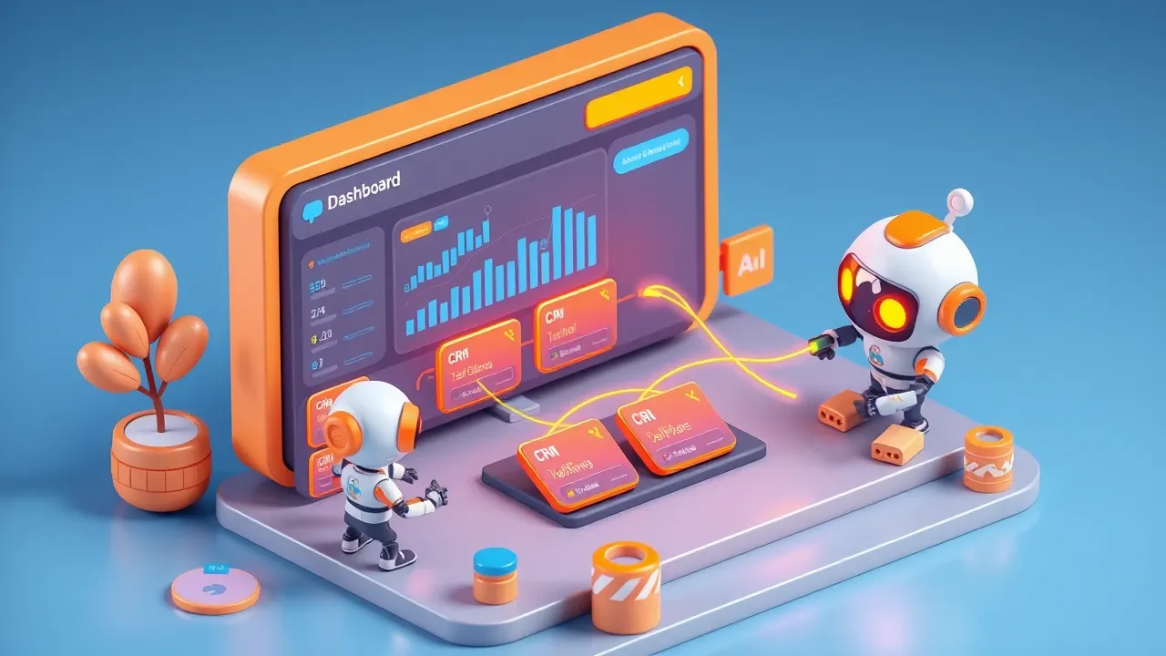 Diorama isometrico de um robo conectando um painel de CRM a varias caixas de dados por cabos luminosos, cards de negocio se atualizando sozinhos, paleta laranja e azul