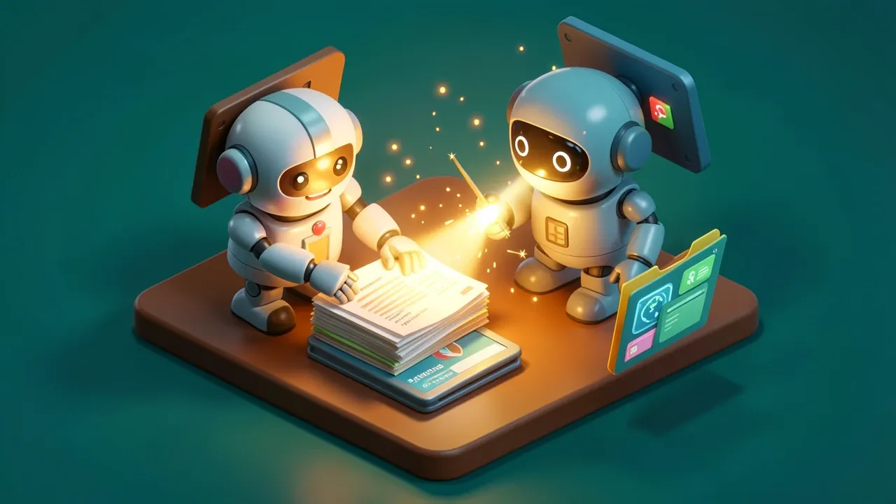 Robo contador triando pilhas de documentos digitais brilhantes em pastas com icones fiscais, sobre uma mesa aconchegante, paleta ambar e verde-azulado