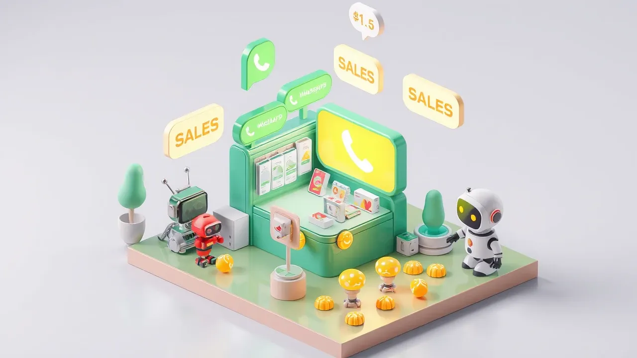 Diorama isometrico de um balcao de vendas no WhatsApp com baloes de mensagem chegando o tempo todo, alguns virando vendas brilhantes e outros esfriando e caindo no chao, um robo tentando segurar todos, paleta verde-whatsapp e ambar com energia