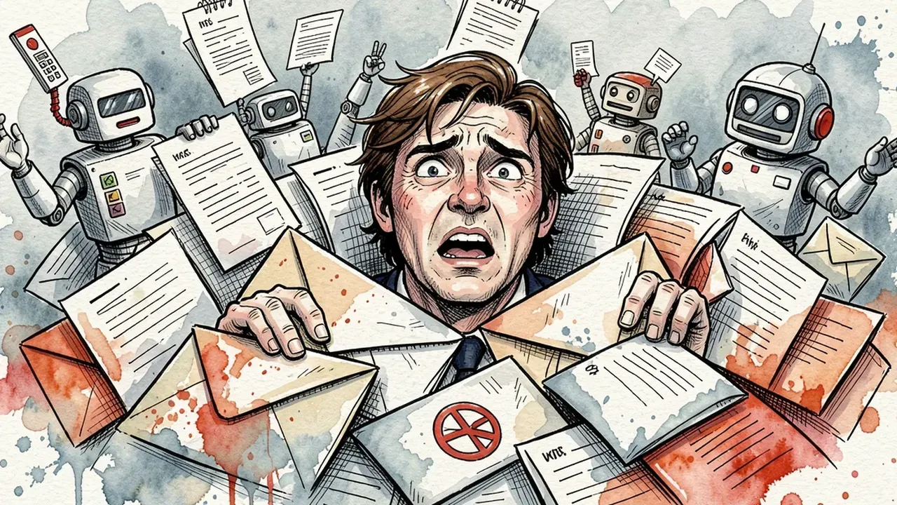 Funcionário de escritório soterrado até os ombros por uma pilha de notas fiscais em papel e envelopes de e-mail, expressão sobrecarregada, ilustração em aquarela