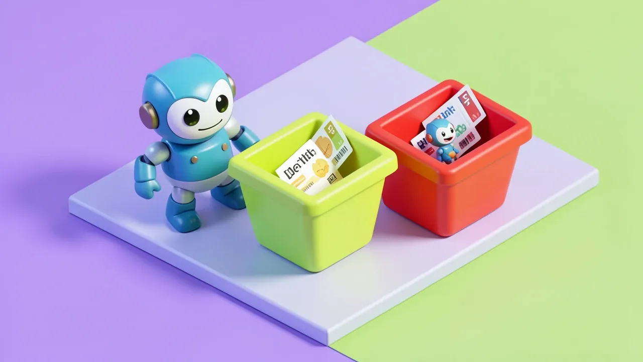 Robo gentil organizando tickets de suporte em duas caixas coloridas, uma verde de resolvido automaticamente e uma vermelha de escalar, paleta violeta e verde-lima