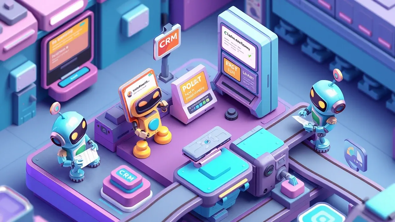 Diorama isometrico de varias estacoes em miniatura mostrando um robo qualificando leads, outro escrevendo um follow-up e outro atualizando um card, esteiras conectando ao CRM central, paleta turquesa e violeta