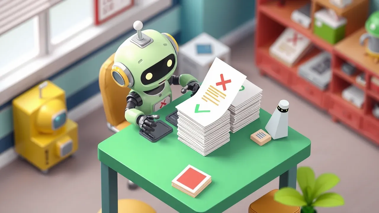 Robo simpatico separando documentos em duas pilhas, uma de aprovados com check verde e outra de rejeitados com x vermelho, sobre uma mesa organizada, paleta verde e vermelho suave