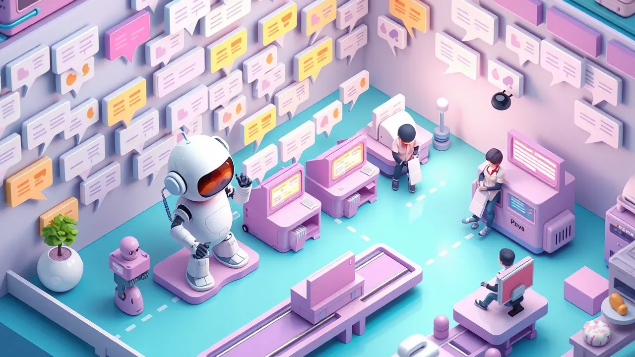 Diorama isometrico de um robo unico atendendo dezenas de baloes de conversa ao mesmo tempo enquanto um pequeno time humano cuida tranquilo de poucos casos complexos, esteiras de mensagens fluindo, paleta turquesa e violeta