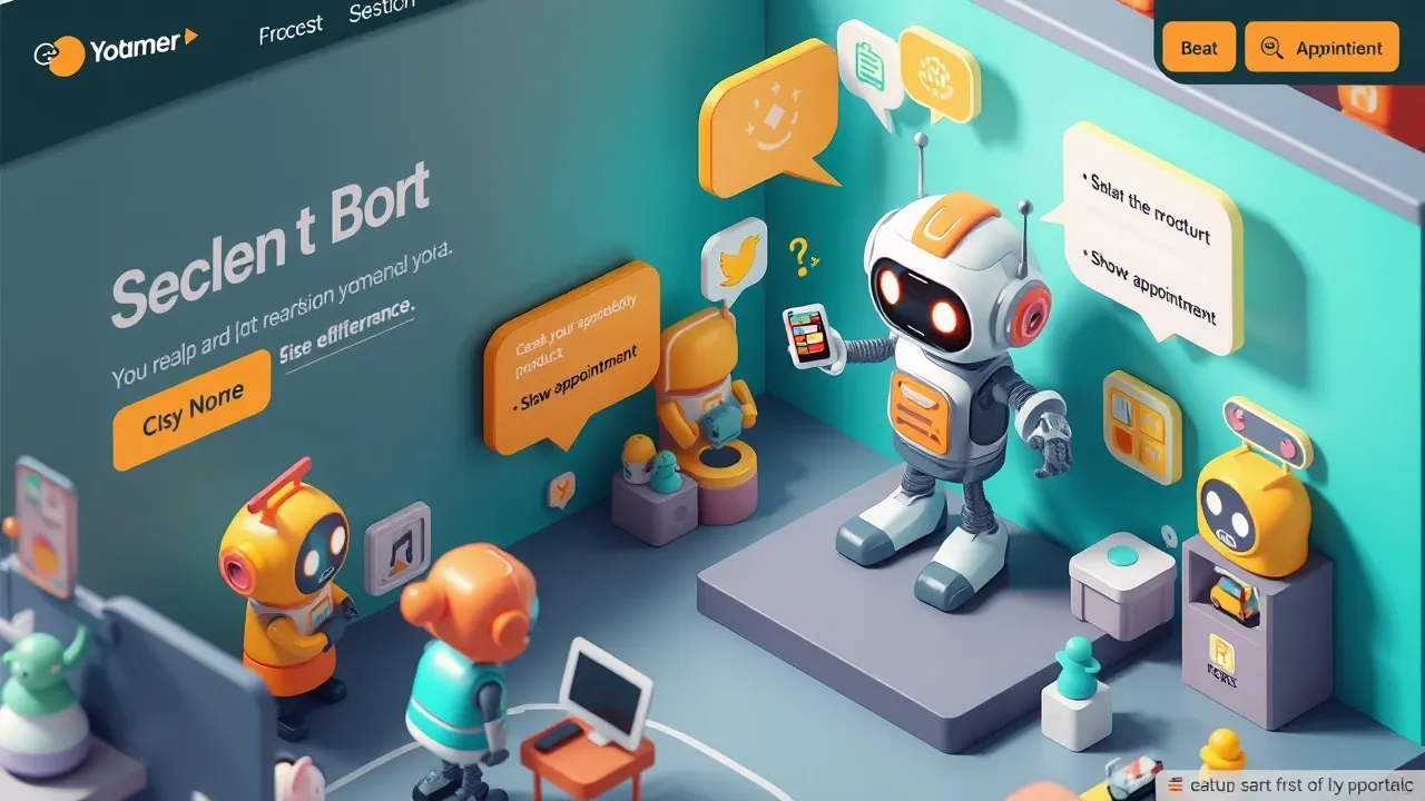 Diorama isometrico de um robo atendente no canto de um site fazendo varias coisas ao mesmo tempo, respondendo duvida, capturando um lead, mostrando um produto e marcando um agendamento, varios baloes coloridos ao redor, paleta turquesa e ambar