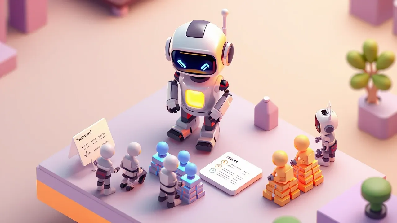 Diorama isometrico de um robo de vendas conversando com varios clientes e separando-os em pilhas por temperatura, leads quentes brilhando em dourado e leads frios em azul, uma ficha de qualificacao flutuando ao lado, paleta violeta e dourado quente