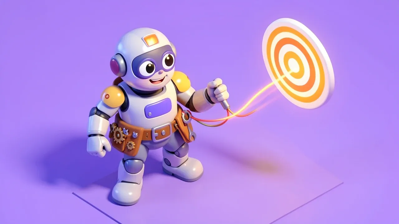Diorama isométrico de um robô agente com um cinto de ferramentas, escolhendo entre várias engrenagens e conectando fios até um objetivo iluminado, paleta violeta e âmbar