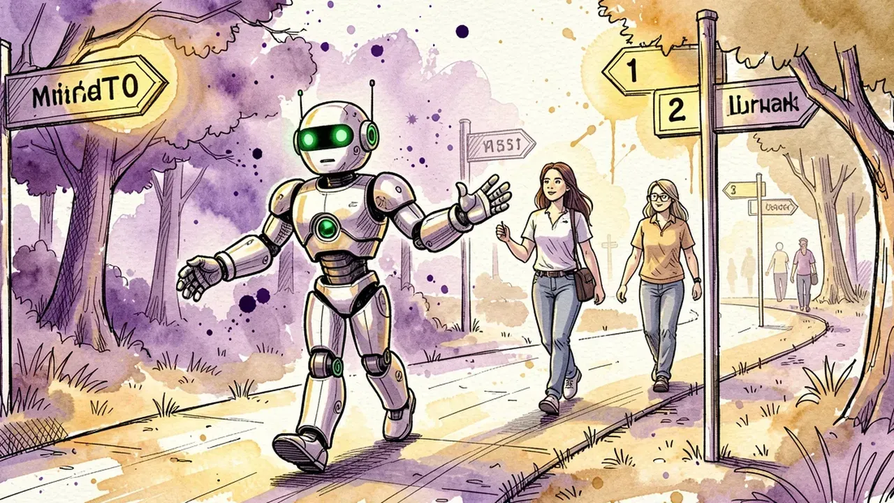 Robô agente caminhando ao lado de um novo cliente por um caminho com placas numeradas iluminadas, ilustração em aquarela
