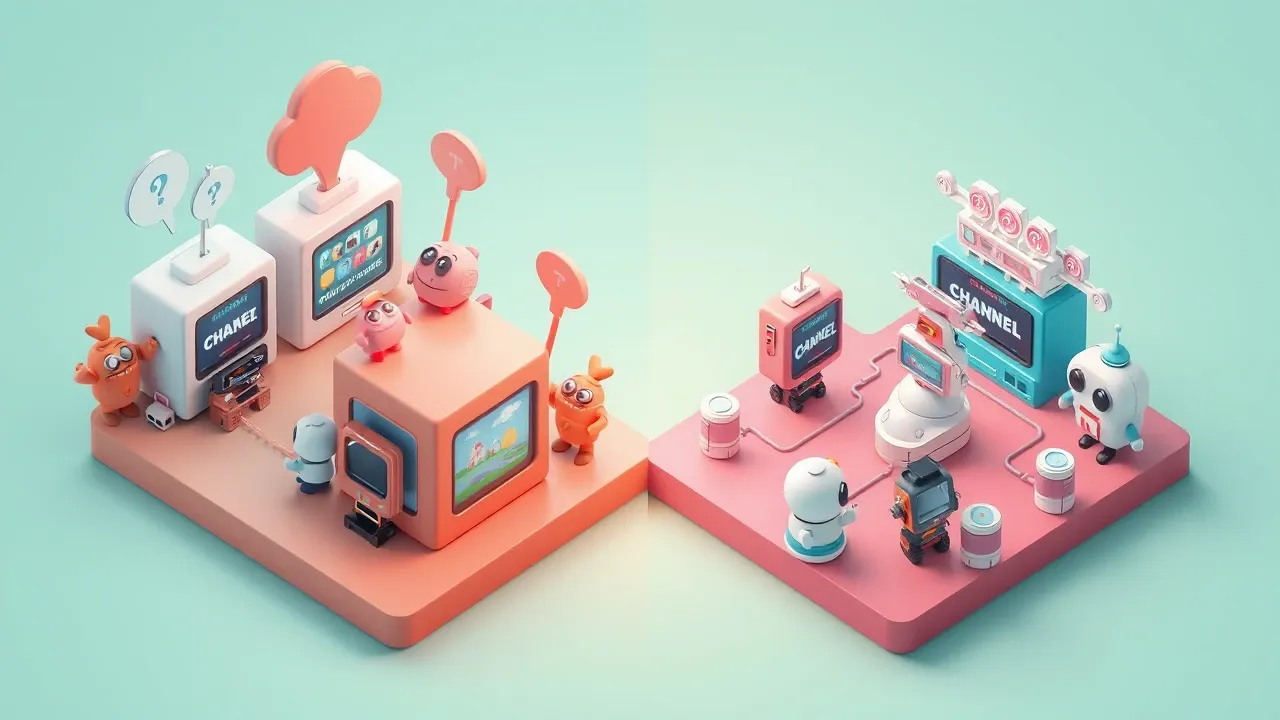 Diorama isometrico dividido em dois lados, a esquerda quatro caixas de canal isoladas e desconectadas com clientes confusos, a direita os mesmos canais ligados por um fio unico a um hub central organizado, contraste claro entre caos e ordem, paleta coral de um lado e turquesa do outro