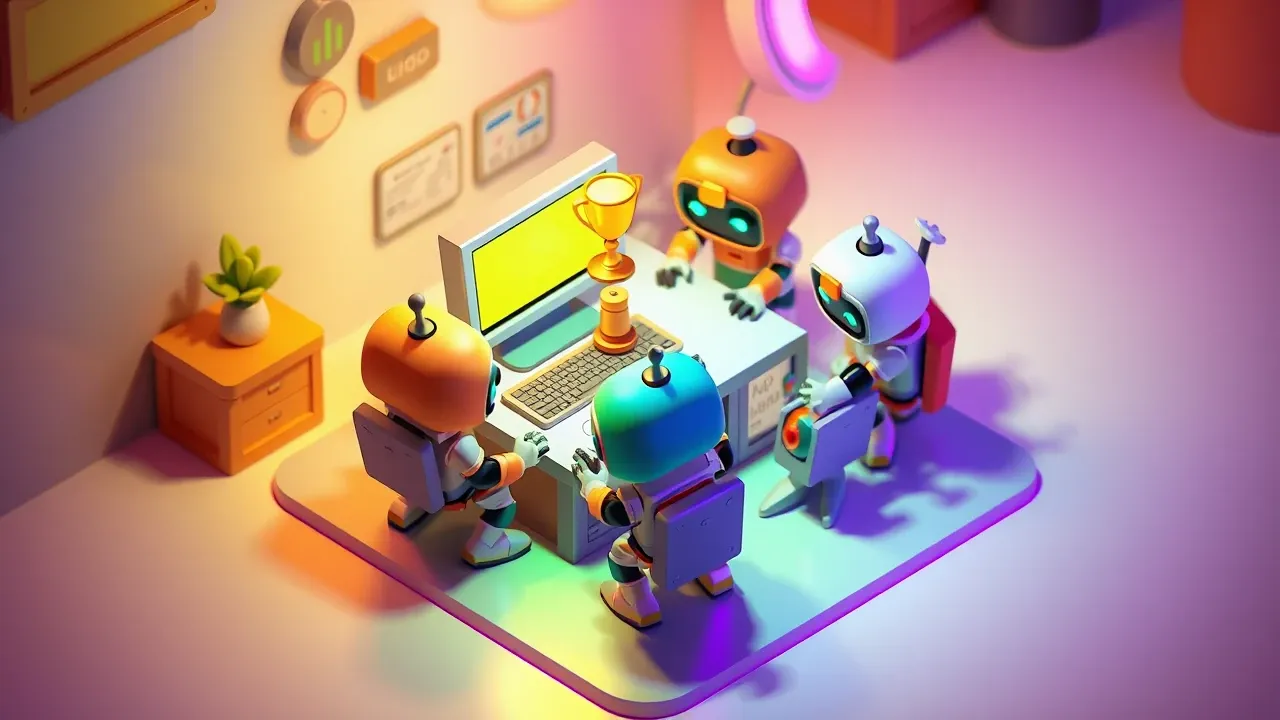 Diorama isométrico de uma pequena equipe de robôs focada numa única mesa iluminada, resolvendo uma tarefa específica com um troféu pequeno ao lado