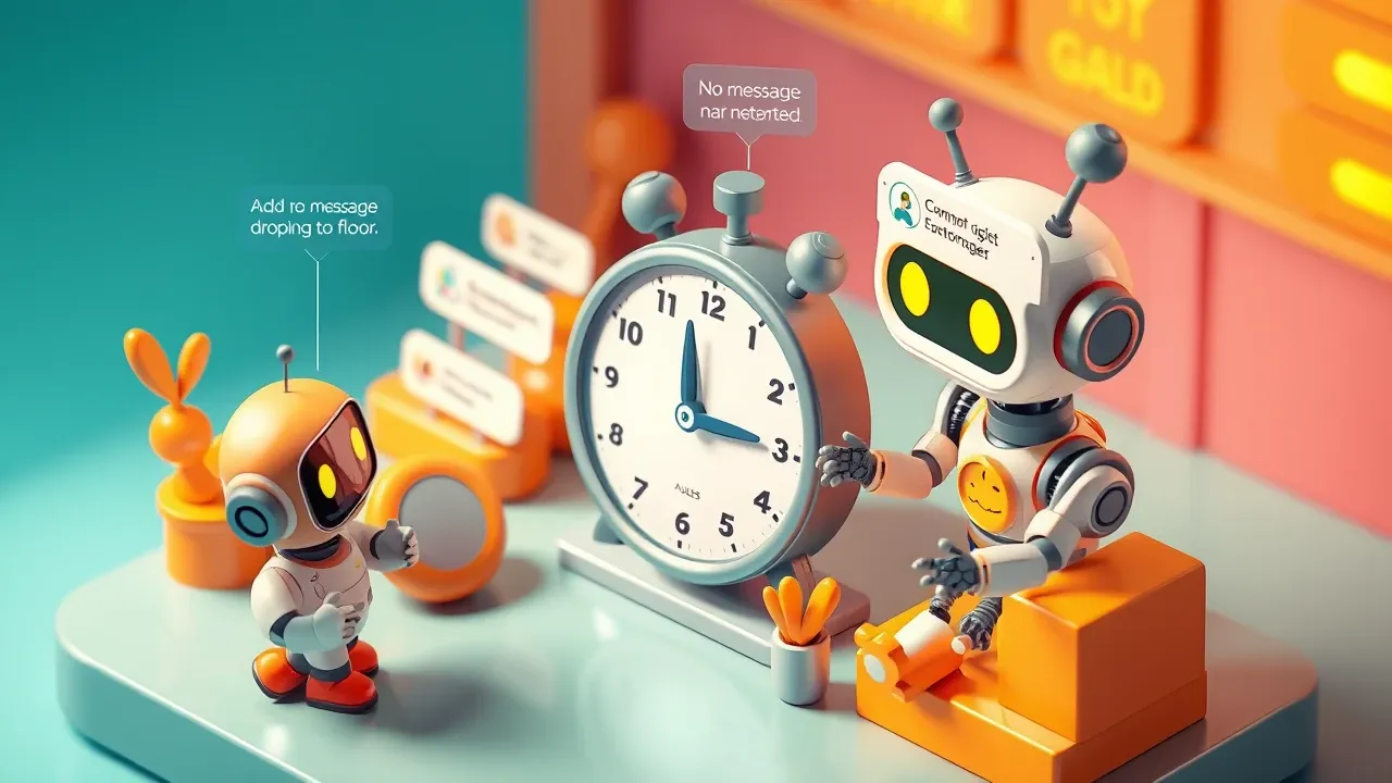 Diorama isometrico de um robo de vendas mandando mensagens de follow-up programadas para varios clientes ao longo de um relogio, leads sendo reaquecidos de azul para dourado, nenhuma mensagem caindo no chao, paleta turquesa e ambar com luz quente