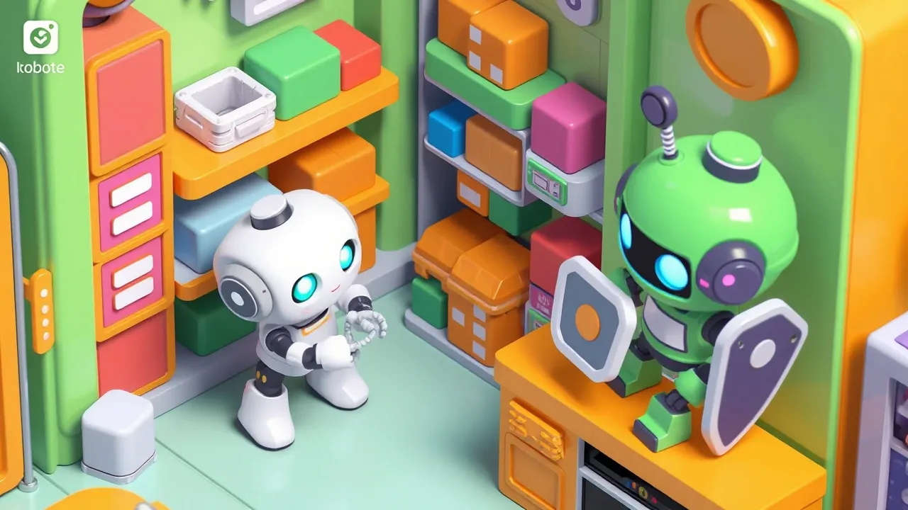 Robô organizando blocos coloridos em prateleiras etiquetadas enquanto um robô guardião com escudo observa, ambiente limpo e ordenado