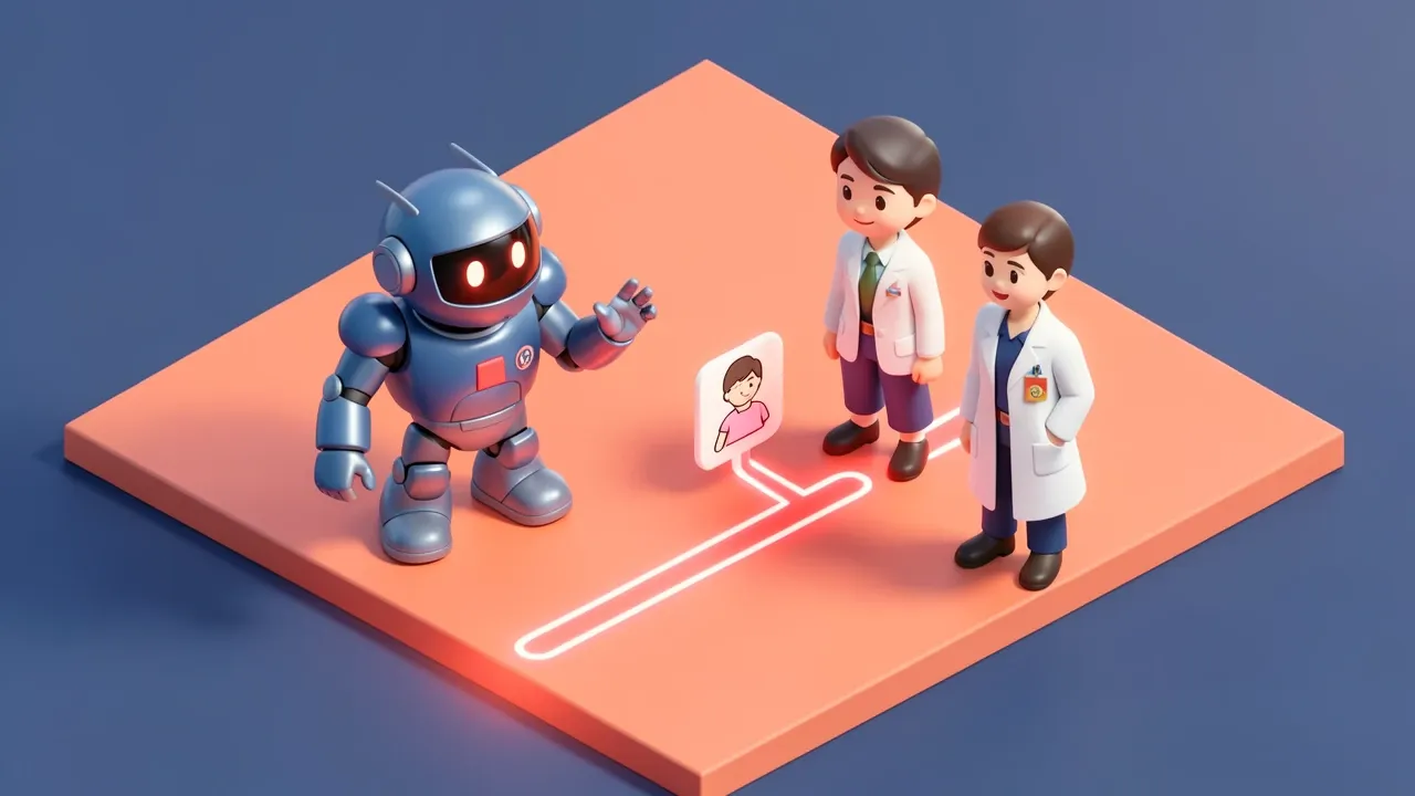 Robo agente parado em frente a uma linha vermelha no chao, gesto de pausa, encaminhando um icone de paciente para um profissional humano ao lado, paleta coral e azul-marinho