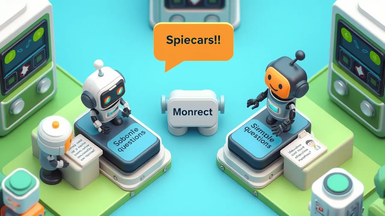 Diorama isometrico de um robo de atendimento separando mensagens em duas esteiras, uma de perguntas simples que ele resolve e outra que ele entrega para um atendente humano sorridente, sinal de passagem claro no meio, paleta verde e indigo
