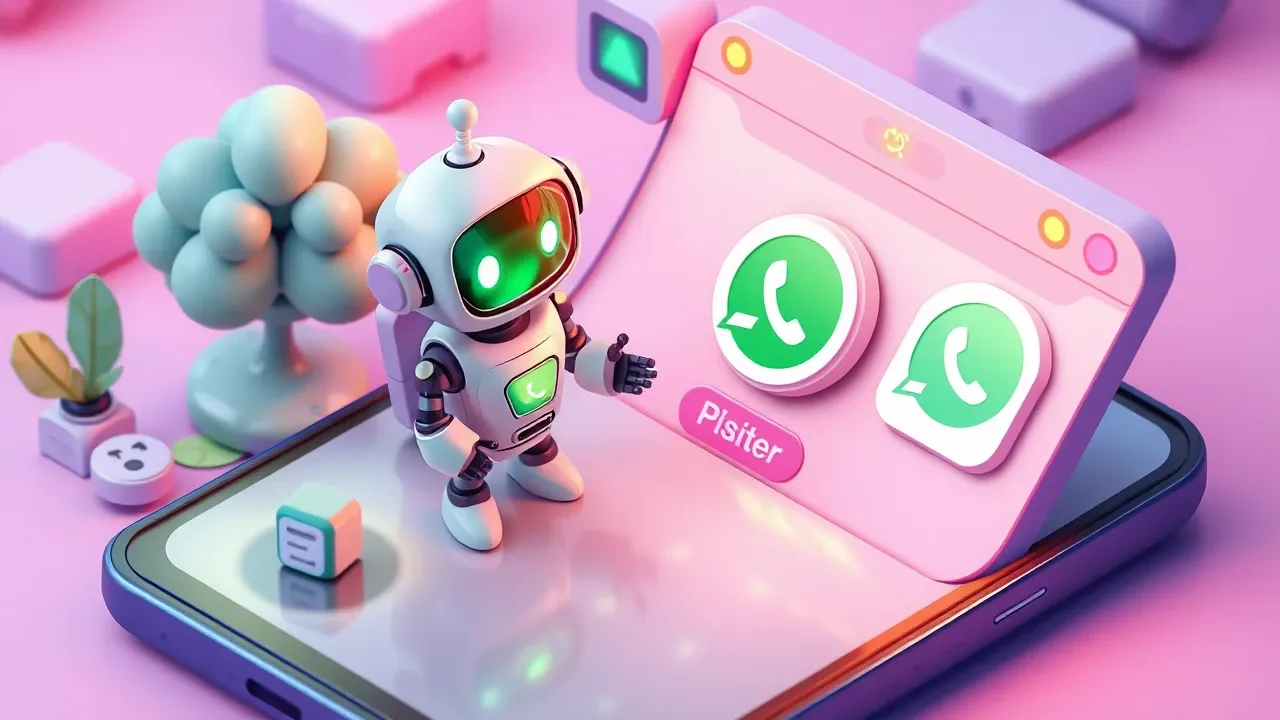 Diorama isometrico de um visitante sendo atendido direto na pagina do site por um robo enquanto um icone de WhatsApp aparece ao lado como segunda opcao conectada, os dois ligados ao mesmo hub central, paleta verde e violeta com luz quente