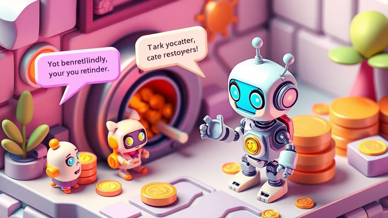 Diorama isometrico de um robo enviando lembretes amigaveis por icones de mensagem para clientes em uma linha do tempo, com um cofre enchendo de moedas ao fundo, paleta ambar e violeta