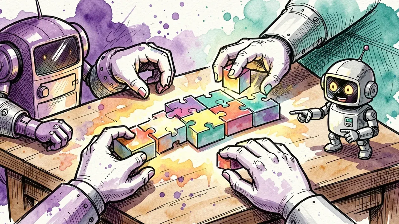 Mãos montando cinco blocos coloridos em forma de peça de quebra-cabeça sobre uma mesa de madeira, com um pequeno robô ajudante apontando, ilustração em aquarela