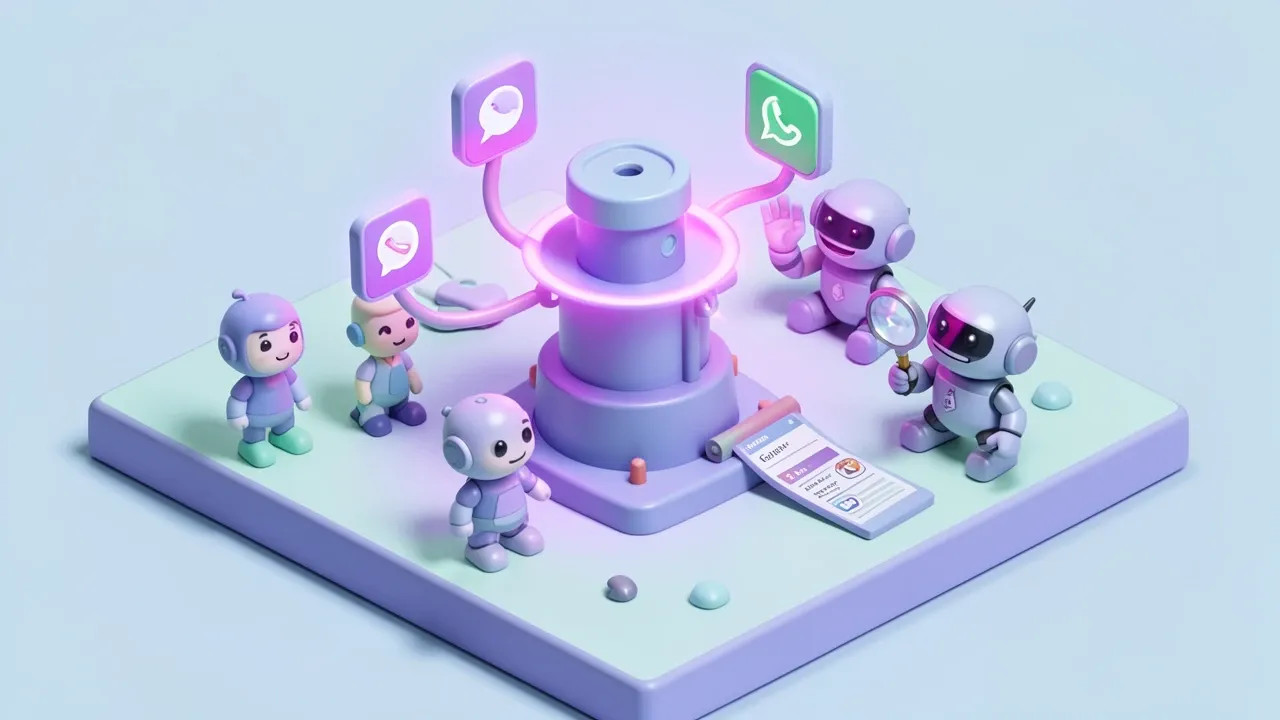 Diorama isométrico de um escudo violeta brilhante protegendo ícones de canais de WhatsApp e Telegram conectados a uma torre central, um pequeno robô auditor verificando um log, paleta violeta e menta