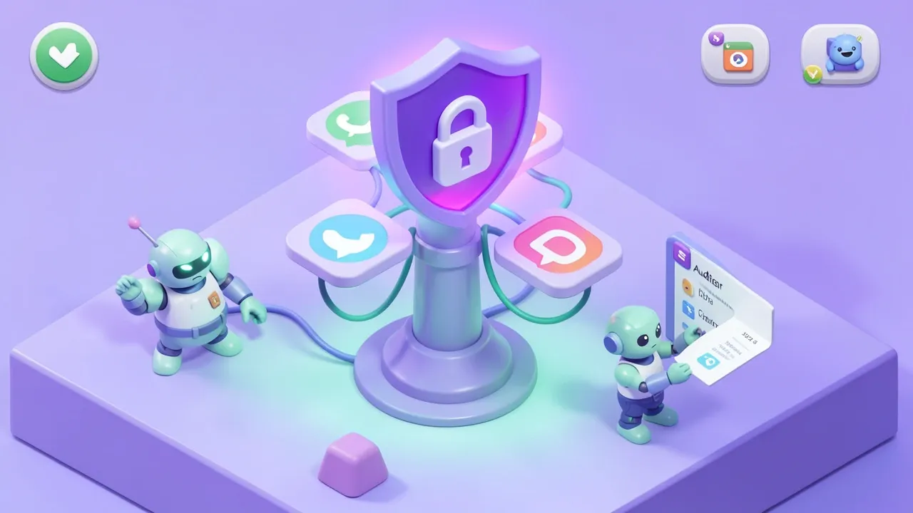 Diorama isometrico de um escudo violeta brilhante protegendo icones de canais conectados nativamente a uma torre central, um pequeno robo auditor verificando um log, paleta violeta e menta