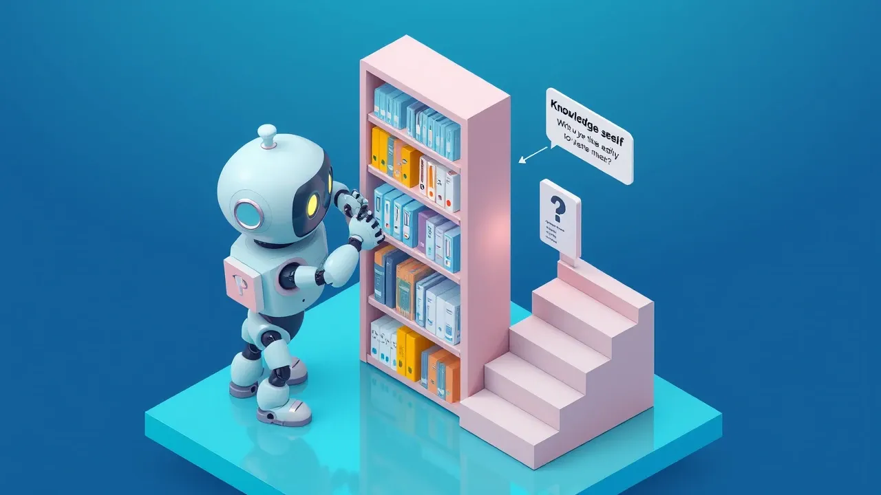 Diorama isometrico de um robo montando uma estante de conhecimento em etapas, organizando, subindo arquivos e testando perguntas, com uma escada de passos numerados, paleta indigo e turquesa