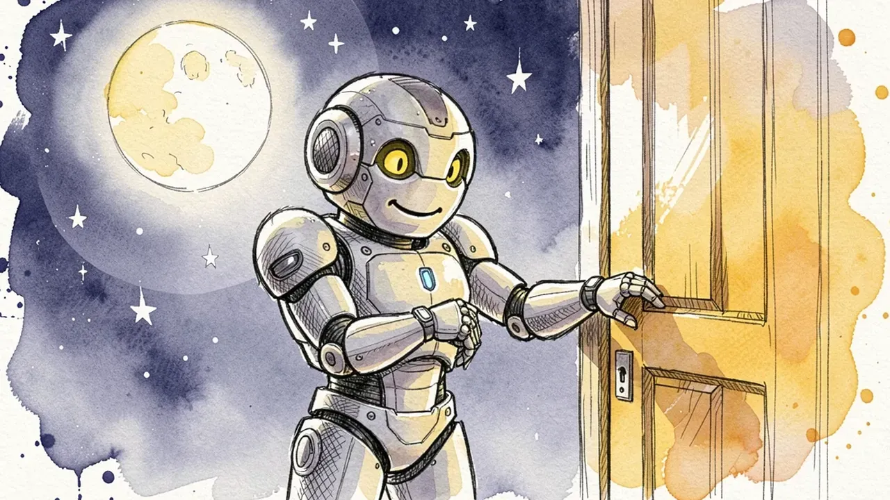 Robô simpático conferindo o relógio de pulso e fechando uma porta à noite, com lua e estrelas ao fundo